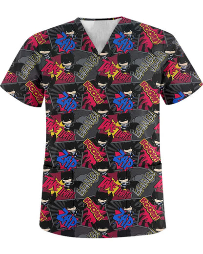 Unisex summer top scrub retro printed work clothes ophthalmology children's center v-neck top pocket t-shirt nurse uniform