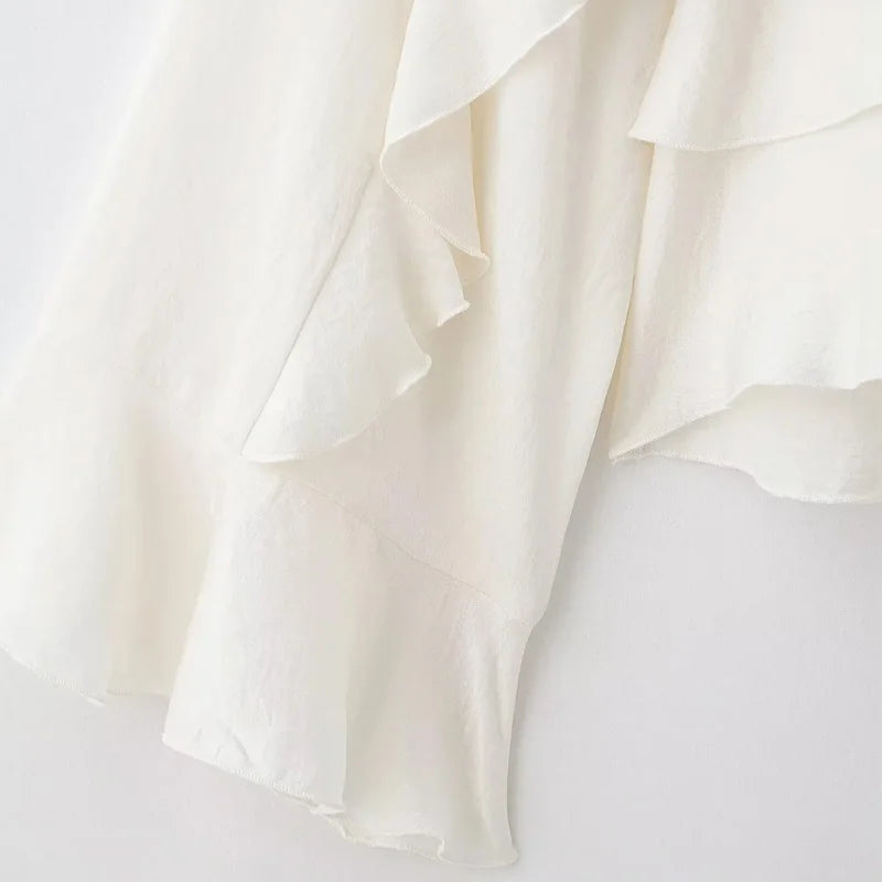 HXAO Woman Blouses Cropped Ruffle Blouse Long Sleeve Top Ruched Summer Plain Shirts Layered Beautiful Women's Blouses 088