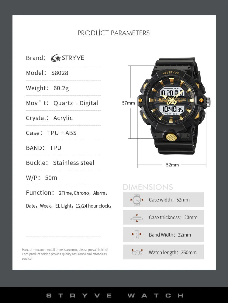 STRYVE Top Brand Electronic Watch For Men Outdoor Sports Waterproof Dual Time Display Quartz Wristwatches Rubber reloj hombre