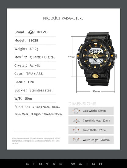 STRYVE Top Brand Electronic Watch For Men Outdoor Sports Waterproof Dual Time Display Quartz Wristwatches Rubber reloj hombre