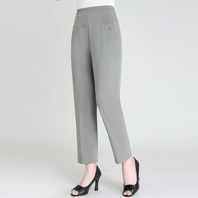 Middle Aged Women's Pants Summer Thin High Waiste Elastic Loose Straight Pants Female Casual Trousers 5XL 6XL 7XL 8XL