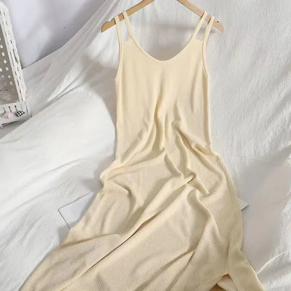 Lucyever Solid Color Summer Knit Dress for Women Casual Beach V-Neck Spaghetti Strap Dresses All-Match Simple Split Long Dress