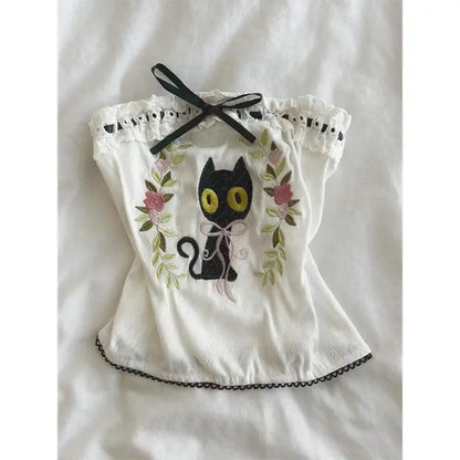 Kimotimo Sweet Bow Cat Embroidery Strapless Vest Women 2025 Summer Chic Slim Fit Short Tank Top Y2k Fashion Outwear Ropa Mujer
