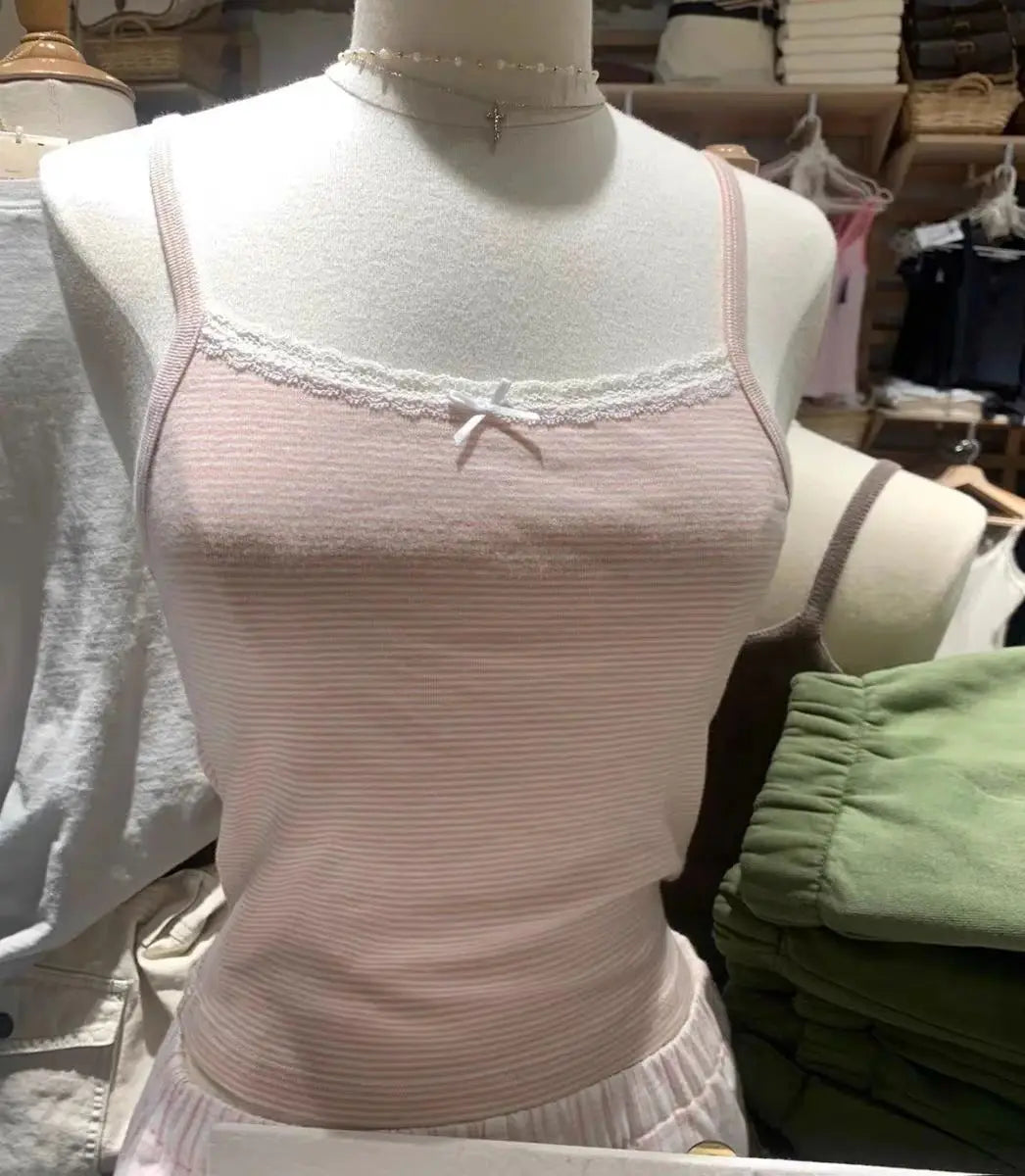 Retro Patchwork Ribbed Cotton Tops Women Summer Sweet Ruffle Square Collar Sleeveless Bow Camis Vintage Chic Slim Crop Top 2024