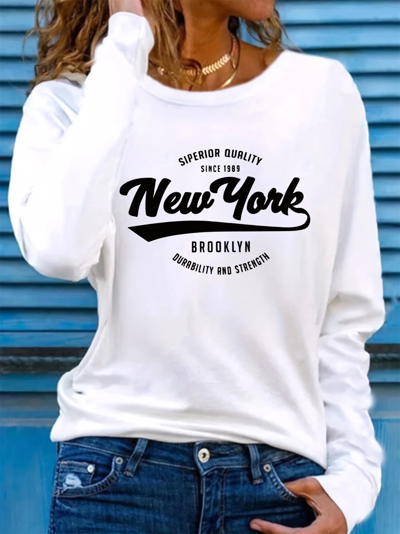100% pure cotton women's spring and autumn loose and comfortable NEW YORK letter pattern printed long sleeved round neck T-shirt