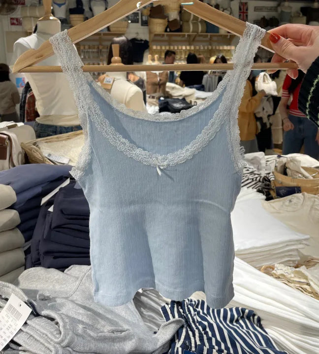 Retro Patchwork Ribbed Cotton Tops Women Summer Sweet Ruffle Square Collar Sleeveless Bow Camis Vintage Chic Slim Crop Top 2024