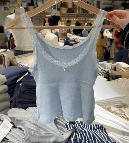 Retro Patchwork Ribbed Cotton Tops Women Summer Sweet Ruffle Square Collar Sleeveless Bow Camis Vintage Chic Slim Crop Top 2024