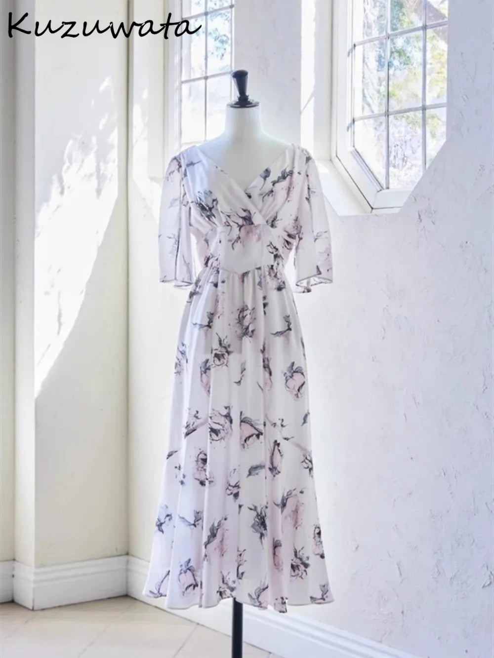 Kuzuwata Elegant V Neck Raglan Sleeve Rose Print Robe Lace Up High Waist Ruched Casual Mujer Japan New Slim Fit Sweet Dresses