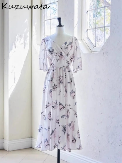 Kuzuwata Elegant V Neck Raglan Sleeve Rose Print Robe Lace Up High Waist Ruched Casual Mujer Japan New Slim Fit Sweet Dresses
