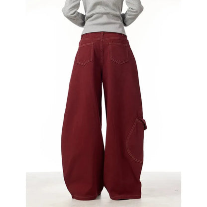 Jeans Women Red Vintage High Waisted Straight Denim Trouser Y2K 90s Hip hop American Streetwear Wide Leg Classic Denim Pants