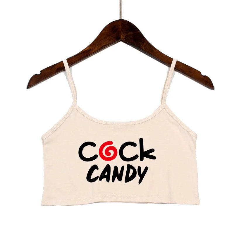 Cock Candy Funny Letters Print Crop Top Female Clothes Sexy Elastic Cotton Camis Sleeveless Short Tank Tops for Women Girls Bar