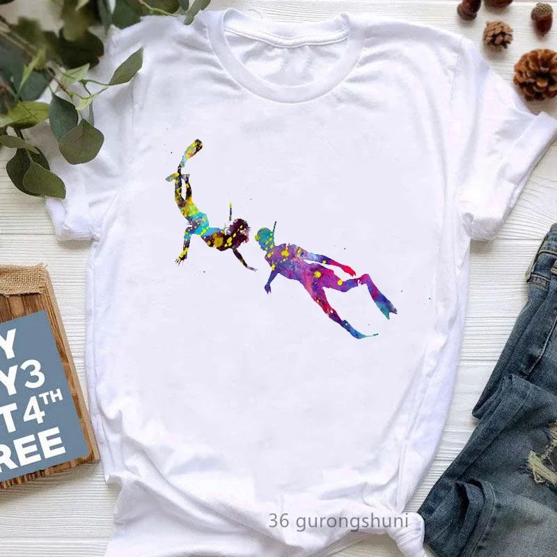 Watercolor Scuba Diving Lover Printed Sports Art Tee Shirt Femme Cute Summer Top Woman Clothes Ropa Mujer Custom Tshirt