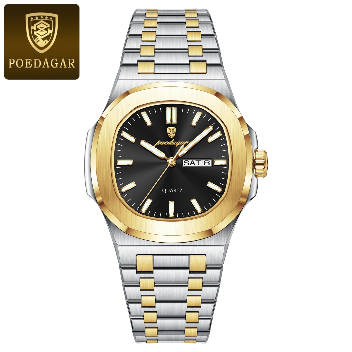 POEDAGAR Trendy Square Men's Watches Waterproof Luminous Date Week Man Clock Stainless Steel Exquisite Quartz Men Wristwatch+Box