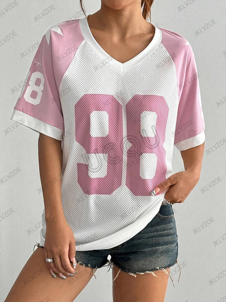 Summer New Pink White No.98 Print T-Shirt For Women V-Neck Patchwork Short Sleeve Mesh Sports Football Jersey Y2K Oversized Tops