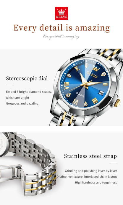 OLEVS Fashion Luxury Golden Watch For Women Stainless Steel Wristwatch Elegant Rhombus Quartz Waterproof Women's Watches Reloj