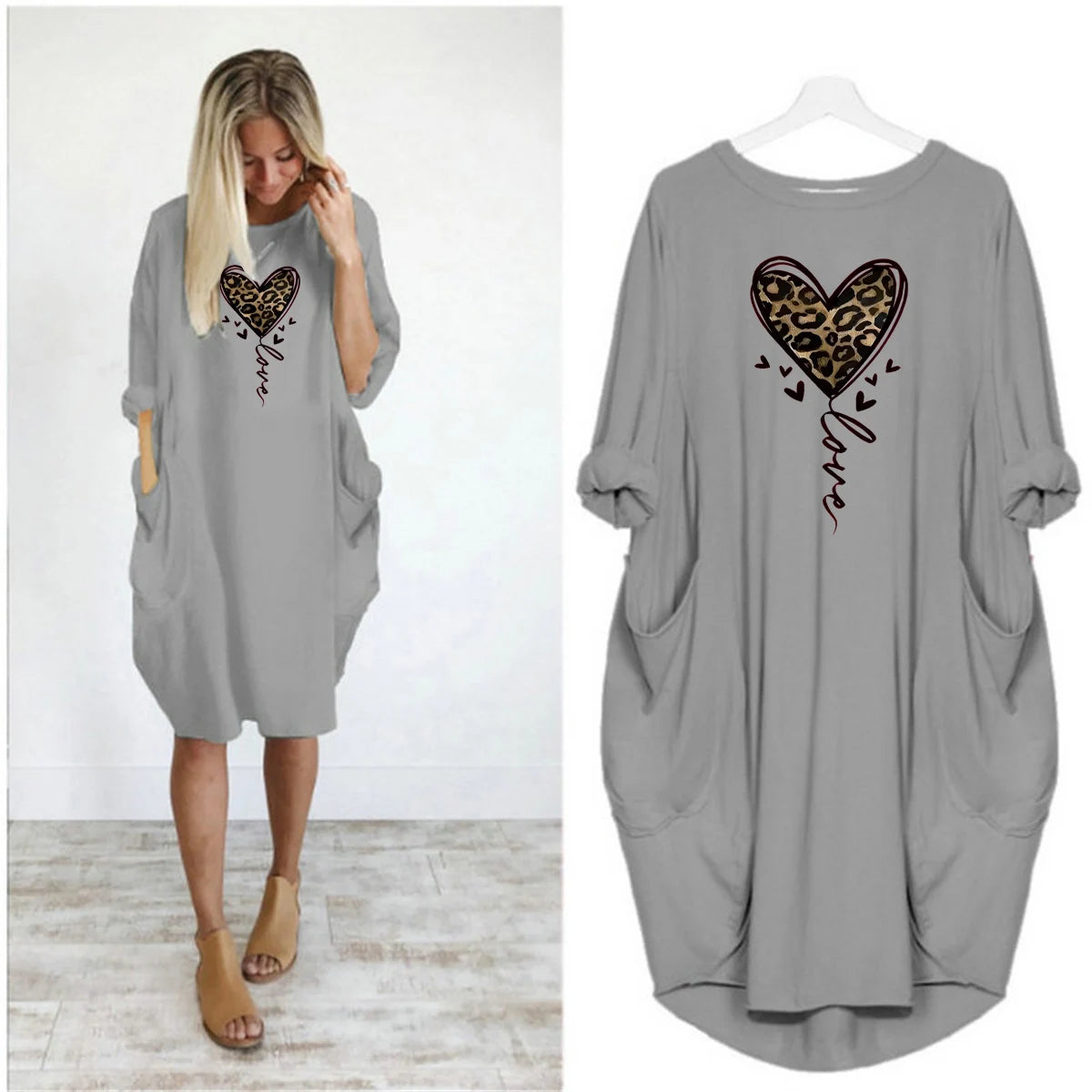 Women's spring and summer leopard print heart-shaped print casual and fashionable loose plus size long sleeved pocket dress
