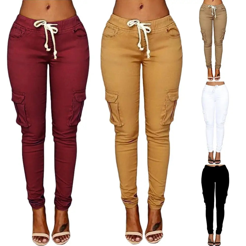 Mather 2023 Spring Lace Up Waist Casual Women Pants Solid Pencil Pants Multi-Pockets Straight Trousers S-4XL