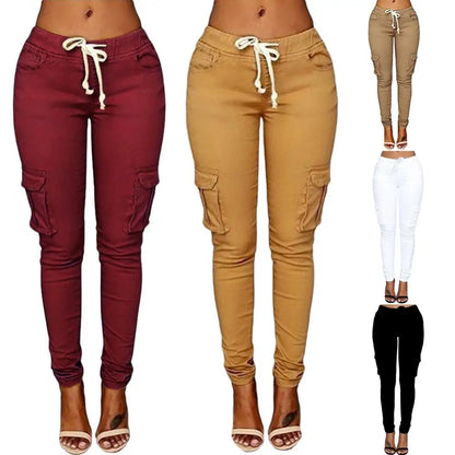 Mather 2023 Spring Lace Up Waist Casual Women Pants Solid Pencil Pants Multi-Pockets Straight Trousers S-4XL
