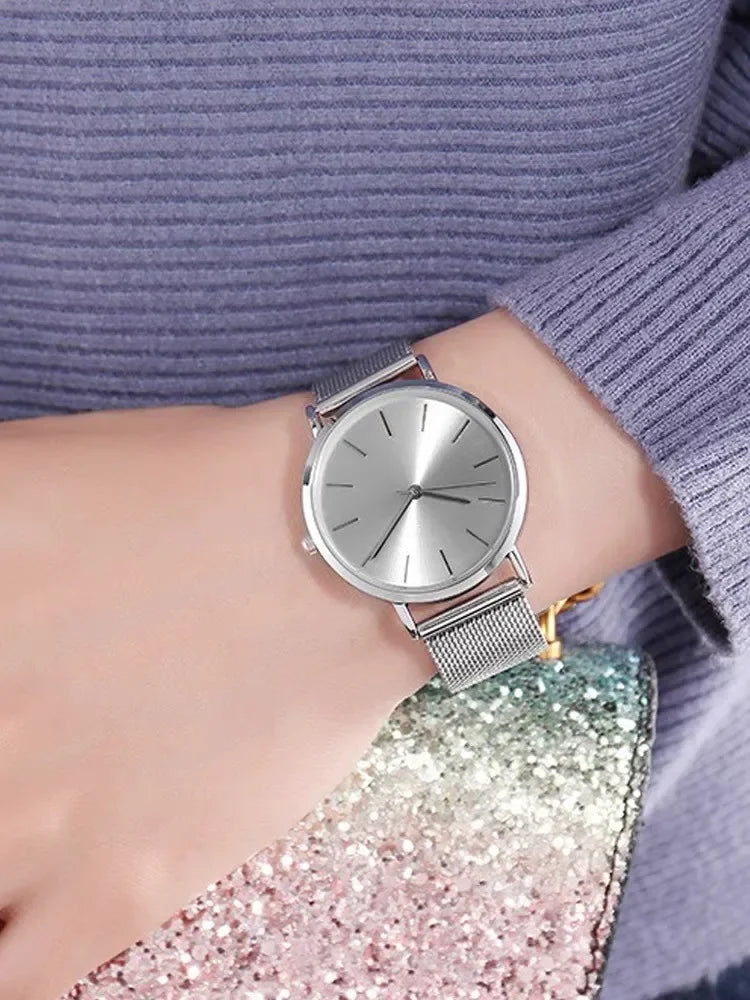 Fashion Women Watches Luxury Metal Analog Quartz Wristwatch Sliver Mesh Belt Simple Elegant Ladies Watch Relogio Feminino