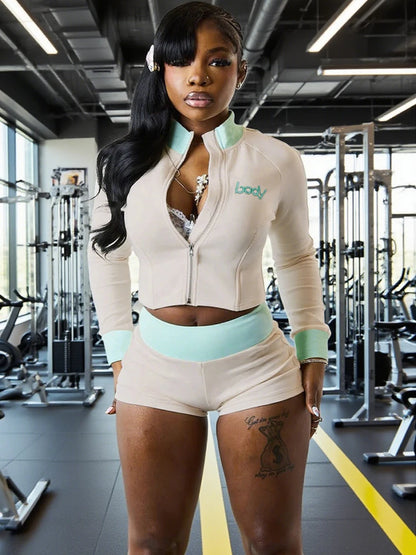 Weird Puss Casual Women 2Piece Set Letter Embroidery Zip Crop Jacket+Widewaist Shorts Matching Streetwear Stretch Sporty Outfits