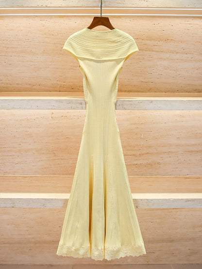 Elegant cross-top sleeveless women's dress Lace splicing elastic slim knitted long dress 2025 summer new style