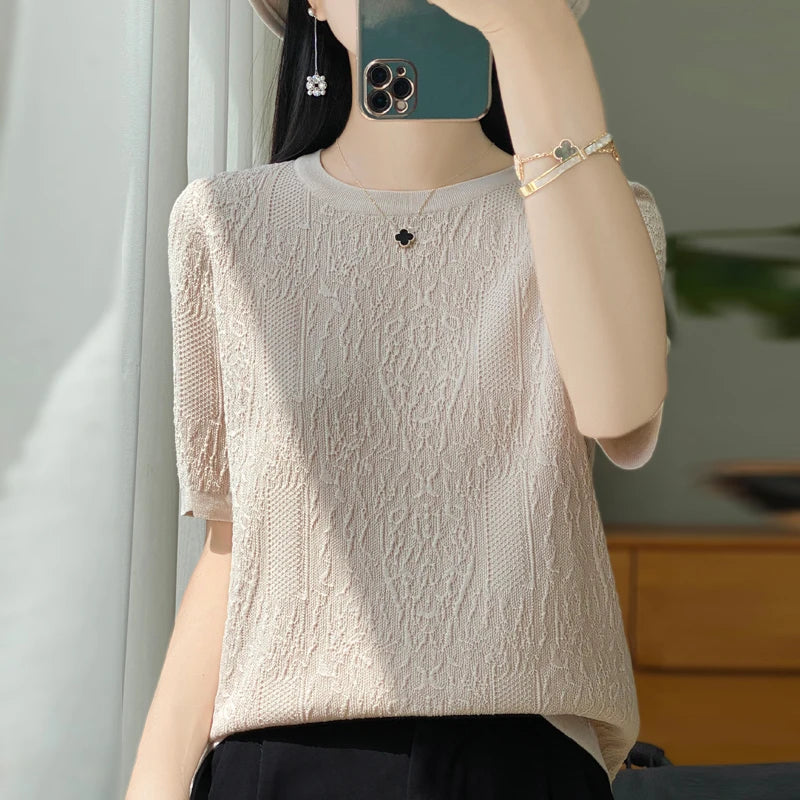 Women's T-shirt Summer Worsted Wool Sweater Short Sleeve Casual Solid Color Ladies' Clothes Round Neck Tops Loose Blouse