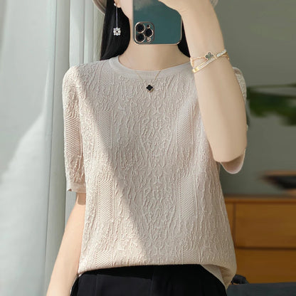 Women's T-shirt Summer Worsted Wool Sweater Short Sleeve Casual Solid Color Ladies' Clothes Round Neck Tops Loose Blouse
