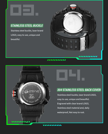 STRYVE Top Brand Electronic Watch For Men Outdoor Sports Waterproof Dual Time Display Quartz Wristwatches Rubber reloj hombre