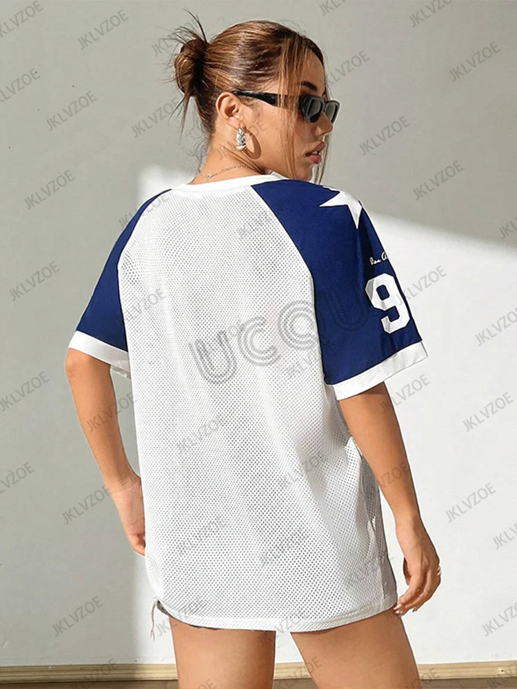 Summer New Pink White No.98 Print T-Shirt For Women V-Neck Patchwork Short Sleeve Mesh Sports Football Jersey Y2K Oversized Tops