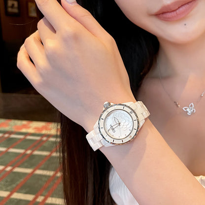 Camellia watch 2025 new women's white ceramic light luxury women's small fragrance style women's watch