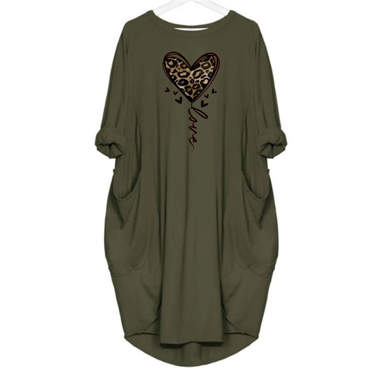 Women's spring and summer leopard print heart-shaped print casual and fashionable loose plus size long sleeved pocket dress
