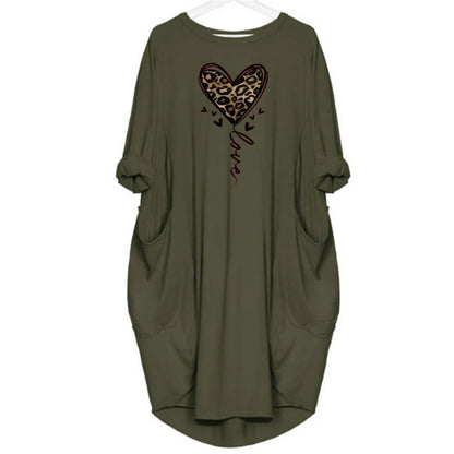 Women's spring and summer leopard print heart-shaped print casual and fashionable loose plus size long sleeved pocket dress