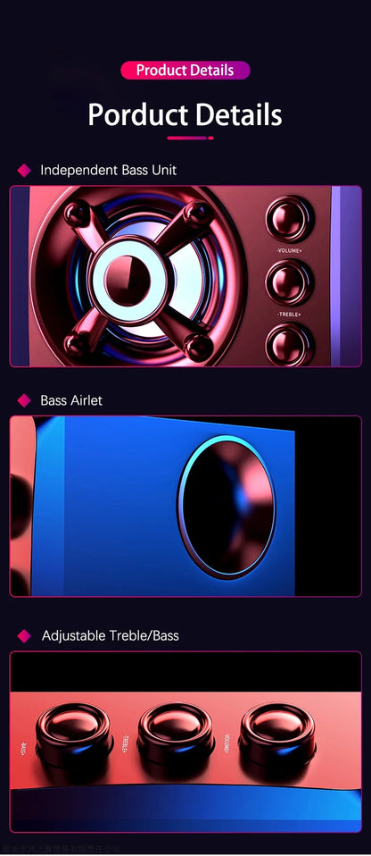 Powerful Bluetooth Speakers Colorful LED Home TV Theater Sound Wireless Subwoofer 3D Stereo Surround Wooden Material USB Wired