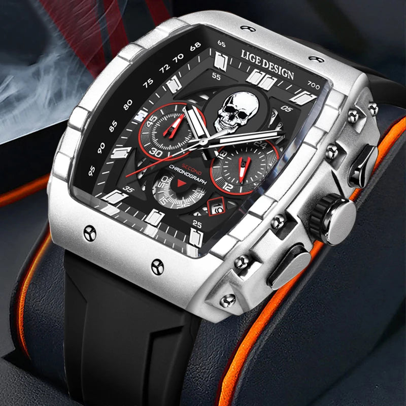 LIGE Men Watch Fashion Business Silicone Waterproof Watches for Men Military Sport Square Quartz Chronograph Relogios Masculino