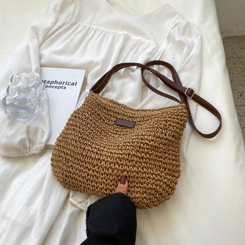 Vintage Women Woven Shoulder Bag Solid Color Lace Ribbon Tote Handbags Wicker Boho Straw Bag for Summer Beach Handle Beige Bags