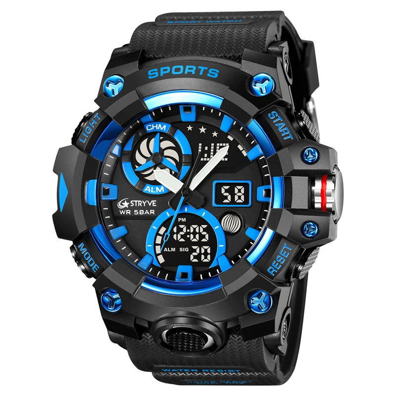 STRYVE Top Brand Electronic Watch For Men Outdoor Sports Waterproof Dual Time Display Quartz Wristwatches Rubber reloj hombre