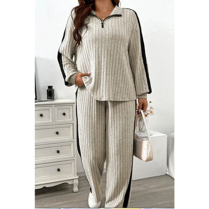 Women's Ribbed Sportswear Set V Neck Zipper Top Casual Loose Solid Color Autumn And Winter Women's 2-Piece Set Women's Clothing