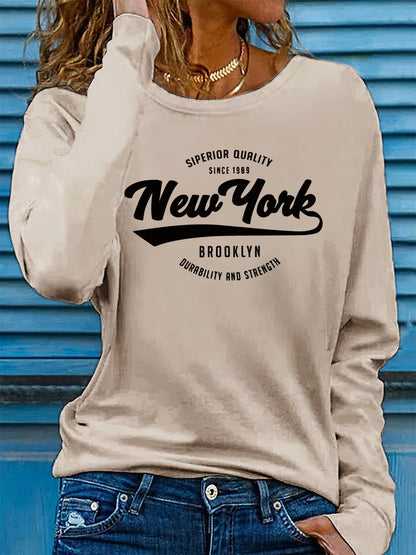 100% pure cotton women's spring and autumn loose and comfortable NEW YORK letter pattern printed long sleeved round neck T-shirt