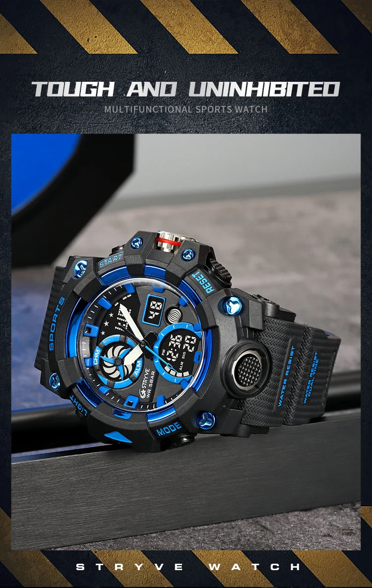 STRYVE Top Brand Electronic Watch For Men Outdoor Sports Waterproof Dual Time Display Quartz Wristwatches Rubber reloj hombre
