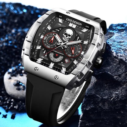 LIGE Men Watch Fashion Business Silicone Waterproof Watches for Men Military Sport Square Quartz Chronograph Relogios Masculino