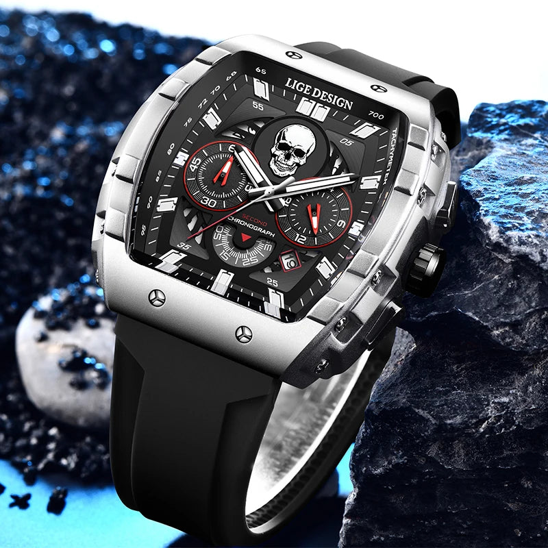LIGE Men Watch Fashion Business Silicone Waterproof Watches for Men Military Sport Square Quartz Chronograph Relogios Masculino