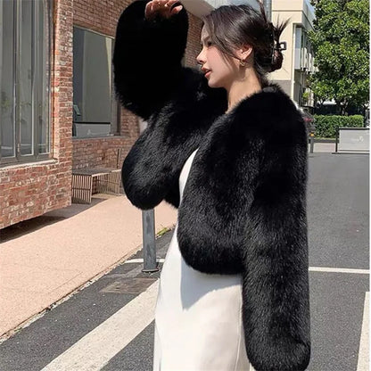 2025 Fashion Black Pink Fur Coat Women's Short Fox Fur Jacket Korean V-neck Streetwear Lady Outerwear Loose Tops Autumn Winter