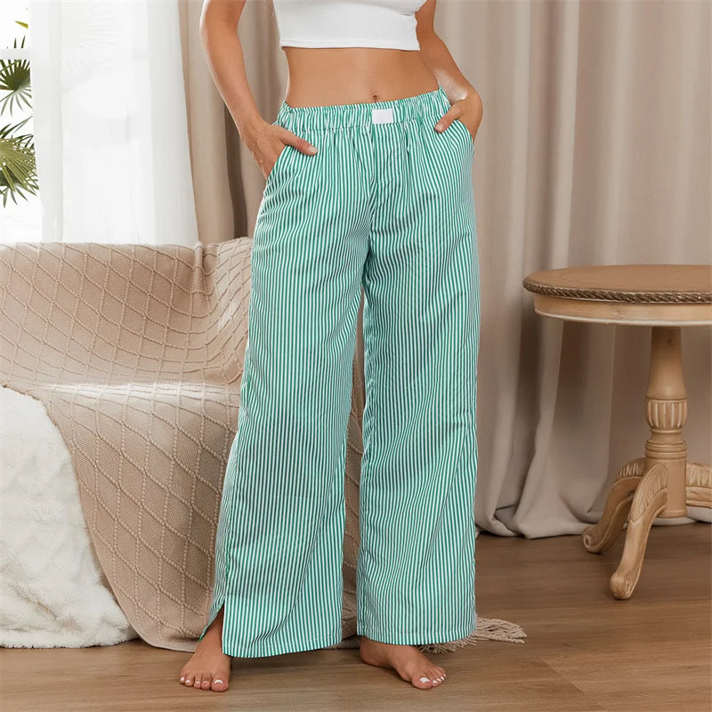Split Hem Wide Leg Pants Casual y2k Stripe Elastic High Waisted Lounge Pants With Pockets Comfy Work Pants For Women Streetwear
