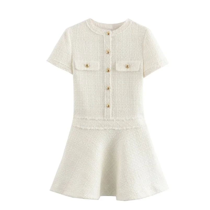 Elegant Metal Single Breasted Dresses For Women Contrast Knit Chic O-neck Short Sleevee Maxi Dress 2024 Female High Street Robes