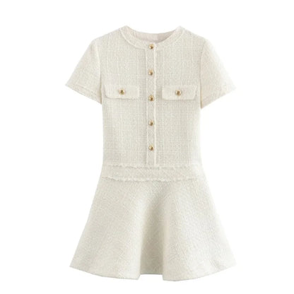 Elegant Metal Single Breasted Dresses For Women Contrast Knit Chic O-neck Short Sleevee Maxi Dress 2024 Female High Street Robes