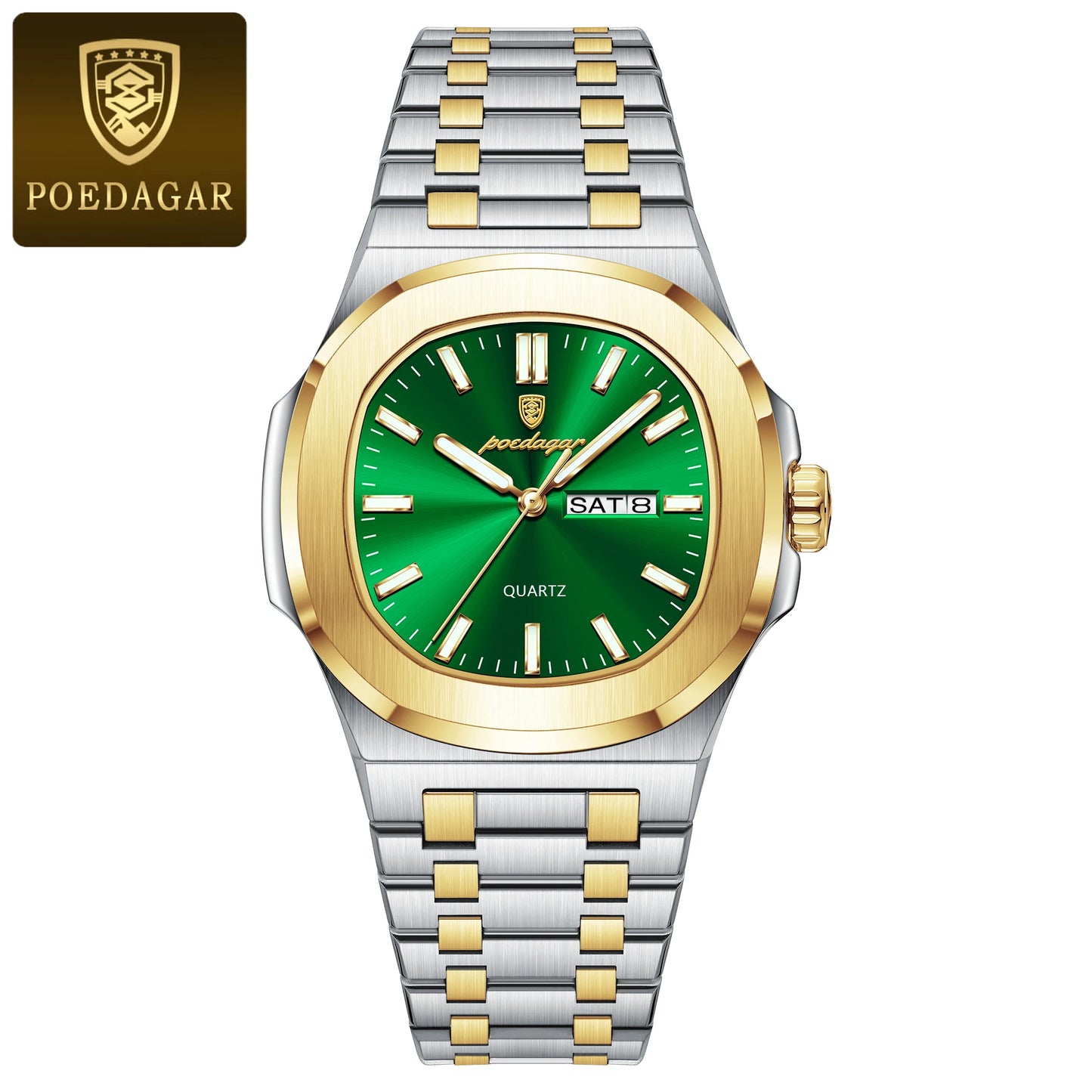POEDAGAR Trendy Square Men's Watches Waterproof Luminous Date Week Man Clock Stainless Steel Exquisite Quartz Men Wristwatch+Box