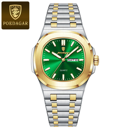 POEDAGAR Trendy Square Men's Watches Waterproof Luminous Date Week Man Clock Stainless Steel Exquisite Quartz Men Wristwatch+Box