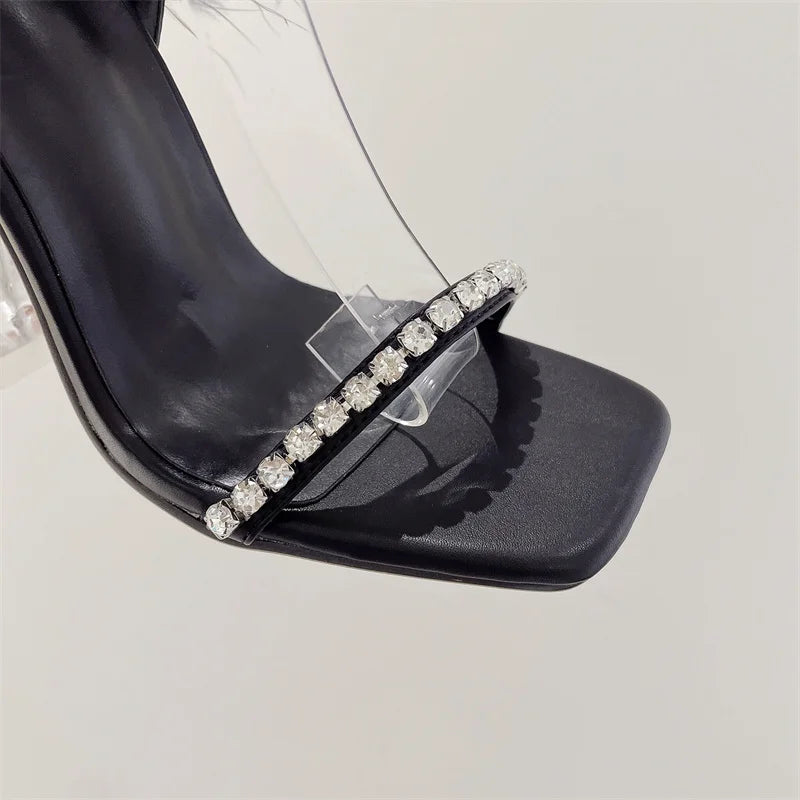 Liyke New Design Crystal Womens Sandals Fashion Fuzzy Feather Summer Transparent High Heels Sexy Party Banquet Shoes Blue White