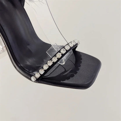 Liyke New Design Crystal Womens Sandals Fashion Fuzzy Feather Summer Transparent High Heels Sexy Party Banquet Shoes Blue White