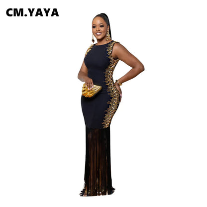CM.YAYA Fall Diamonds Hot Rhinestones Tassel O-neck Women Sleeveless Bodycon Long Dress Birthday Party Evening Prom Maxi Dresses